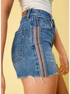 American Eagle Highest Rise 90s Boyfriend Denim Shorts Size 16 Stripe Detail
